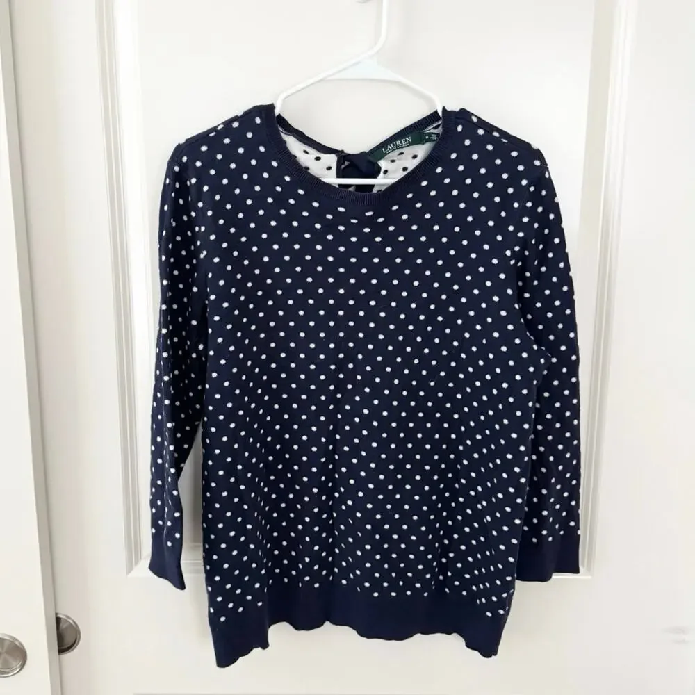 Lauren Ralph Lauren Modal Polka Dot Bow Back Sweater Blue White Medium